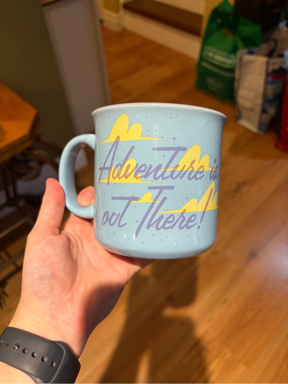 Disney Blue Ceramic Mug with Yellow Cloud Design and Purple Script
